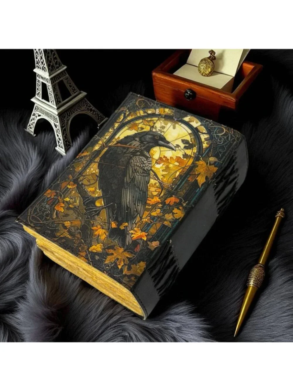 Sakura Vintage Leather Journal Raven Autumn Gothic Grimoire Black Gold C-Lock